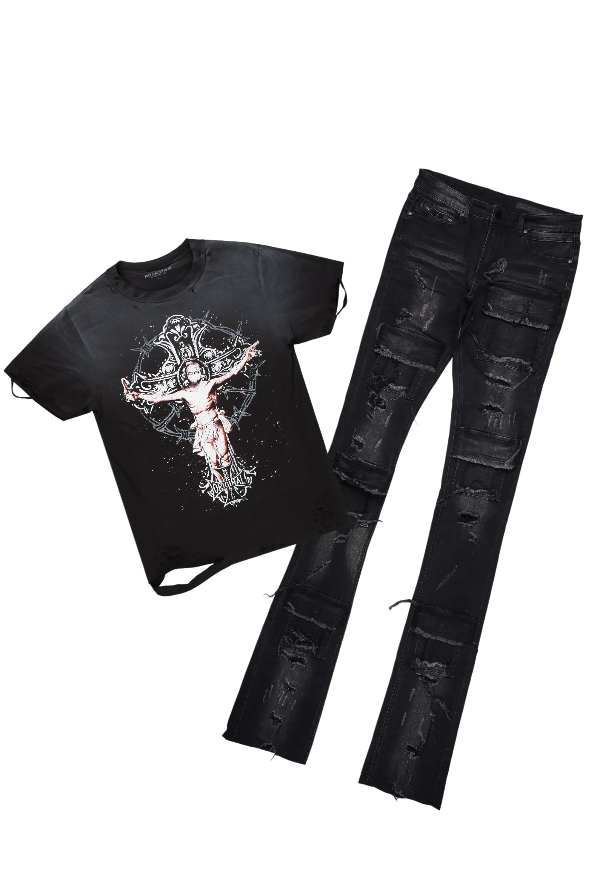 Ojas Black T-Shirt & Petrus Super Stacked Flare Jean Bundle