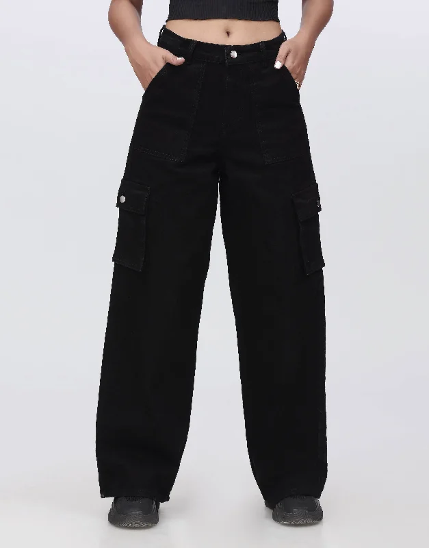 Wide Leg Flap Pocket Cargo Jeans Black