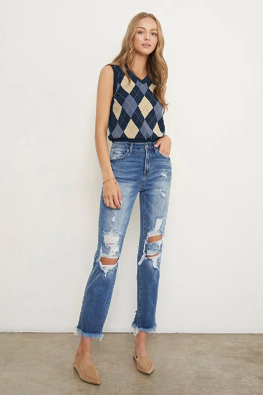 Eva Mid Rise Ripped Frayed Hem Boyfriend Jeans