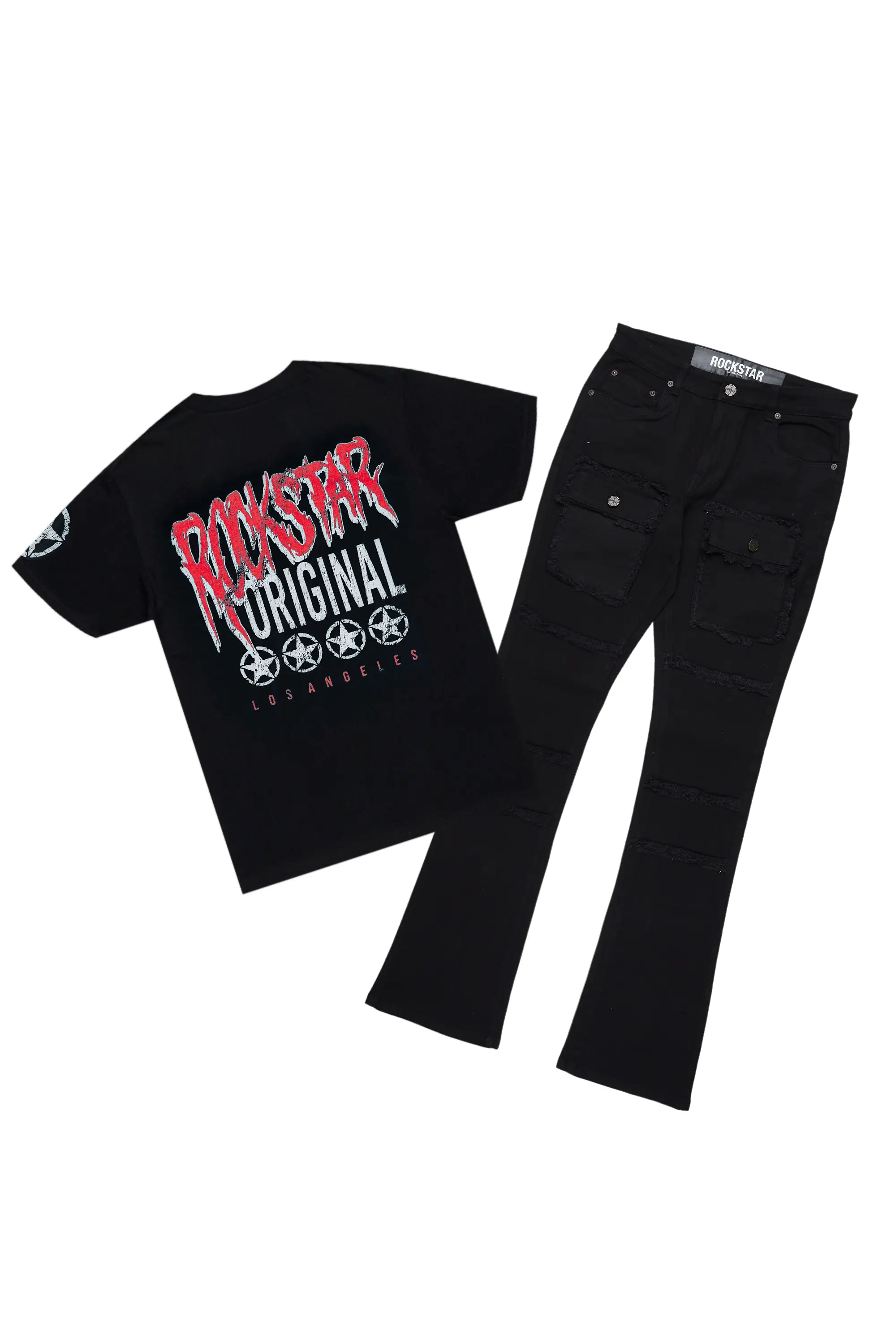 Wizzurd Black T-Shirt/Stacked Flare Cargo Jean Bundle