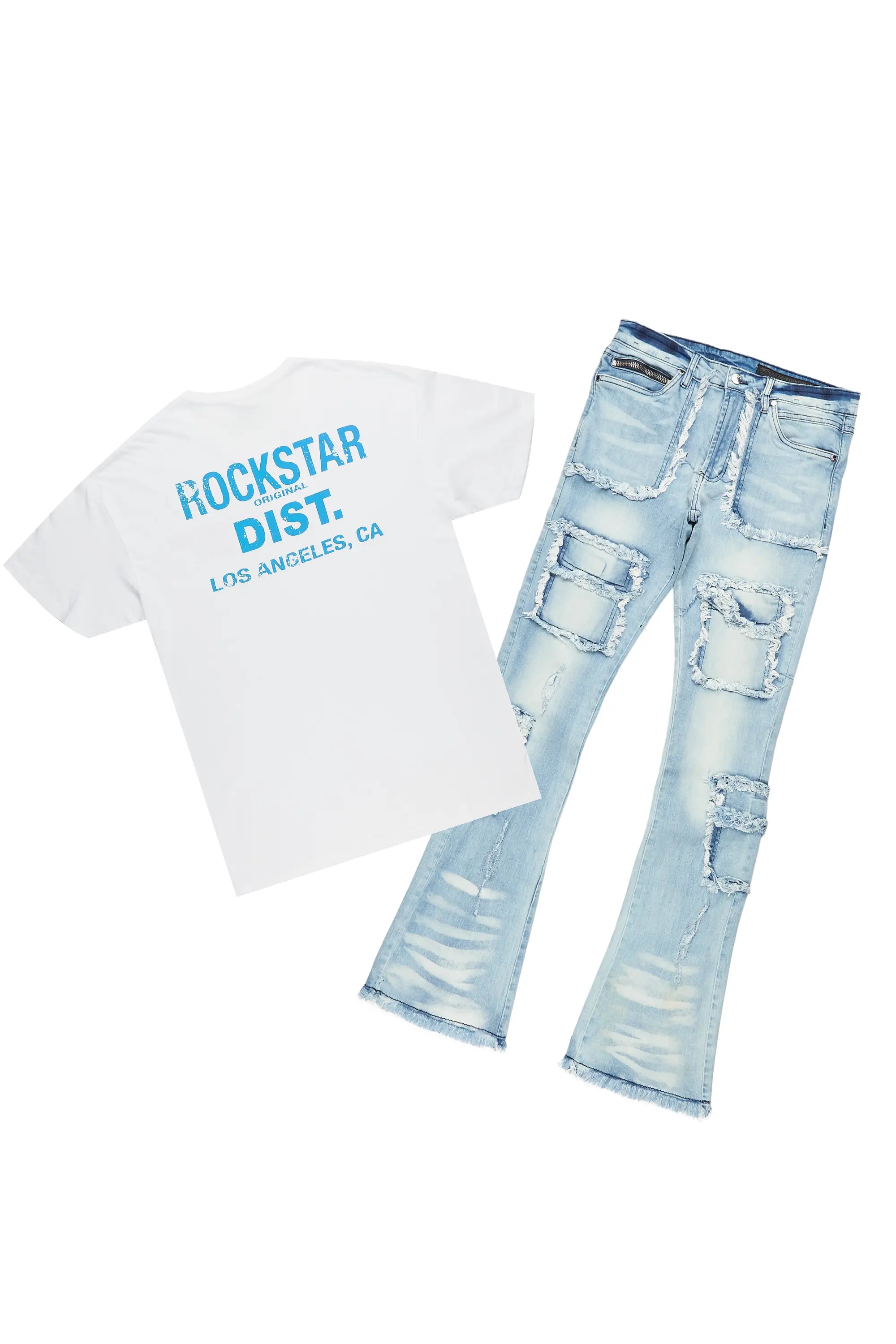 Lake White T-Shirt & Savino Blue Stacked Flare Jean Bundle