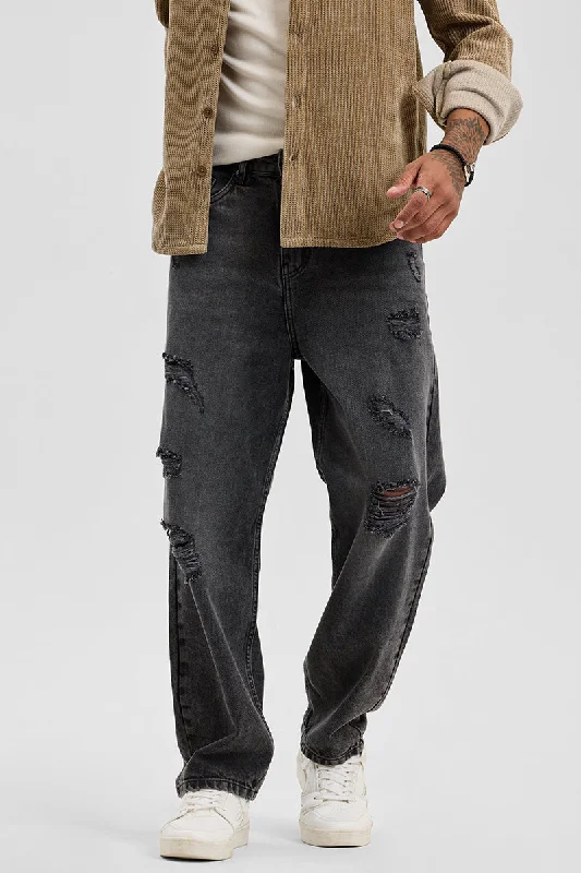 Charcoal Grey Distressed Loose Fit Jeans