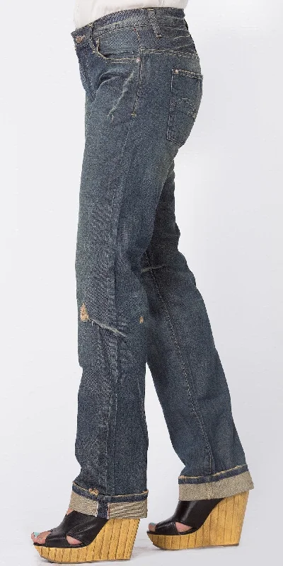 Women's Medium Wash Denim Button Fly Distressed Boyfriend Jeans