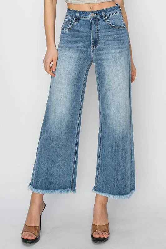 Risen HR Wide Leg Hem Frayed Jeans