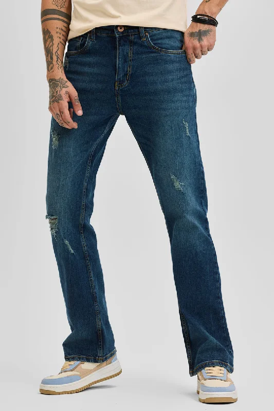 Dark Blue Distressed Bootcut Jeans