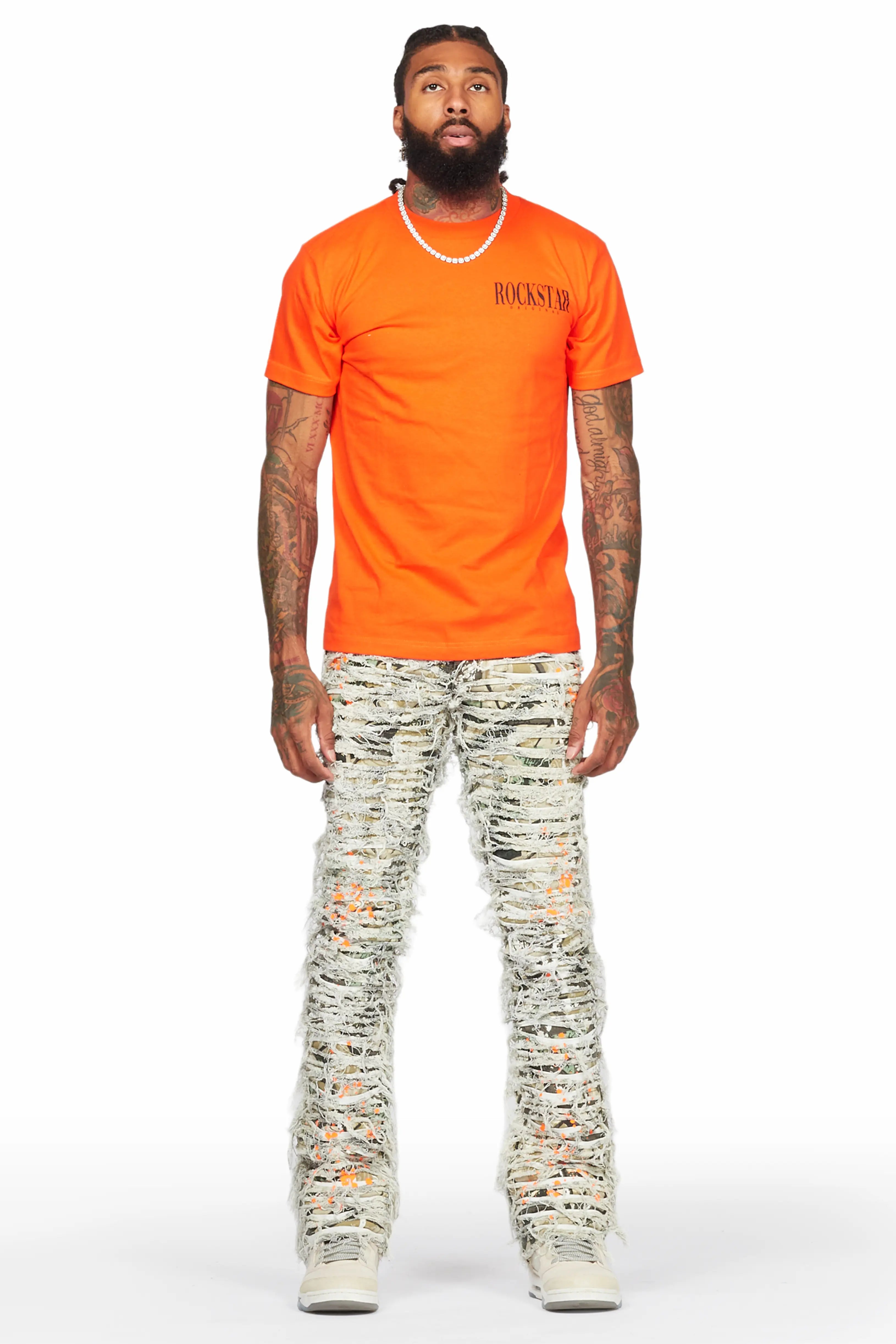 Dayte Nite Orange T-Shirt & Baelor Stacked Flare Jean