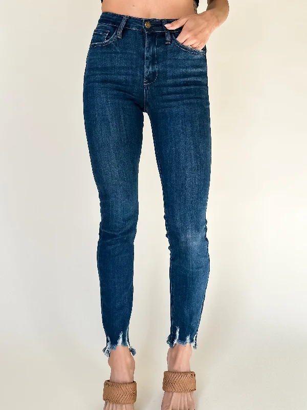 Dark Wash Skinny Jeans With Distressed Hem