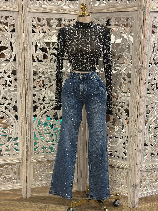 Rhinestone Dark Wash Denim Straight Jeans - Stretchy, Estira