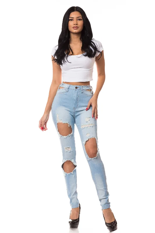 4390 Women's High Waisted Distressed Skinny Jeans with Cut Outs