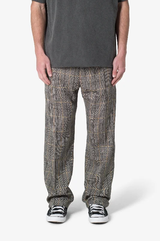 Pleated Plaid Trousers - Light Brown/Cream