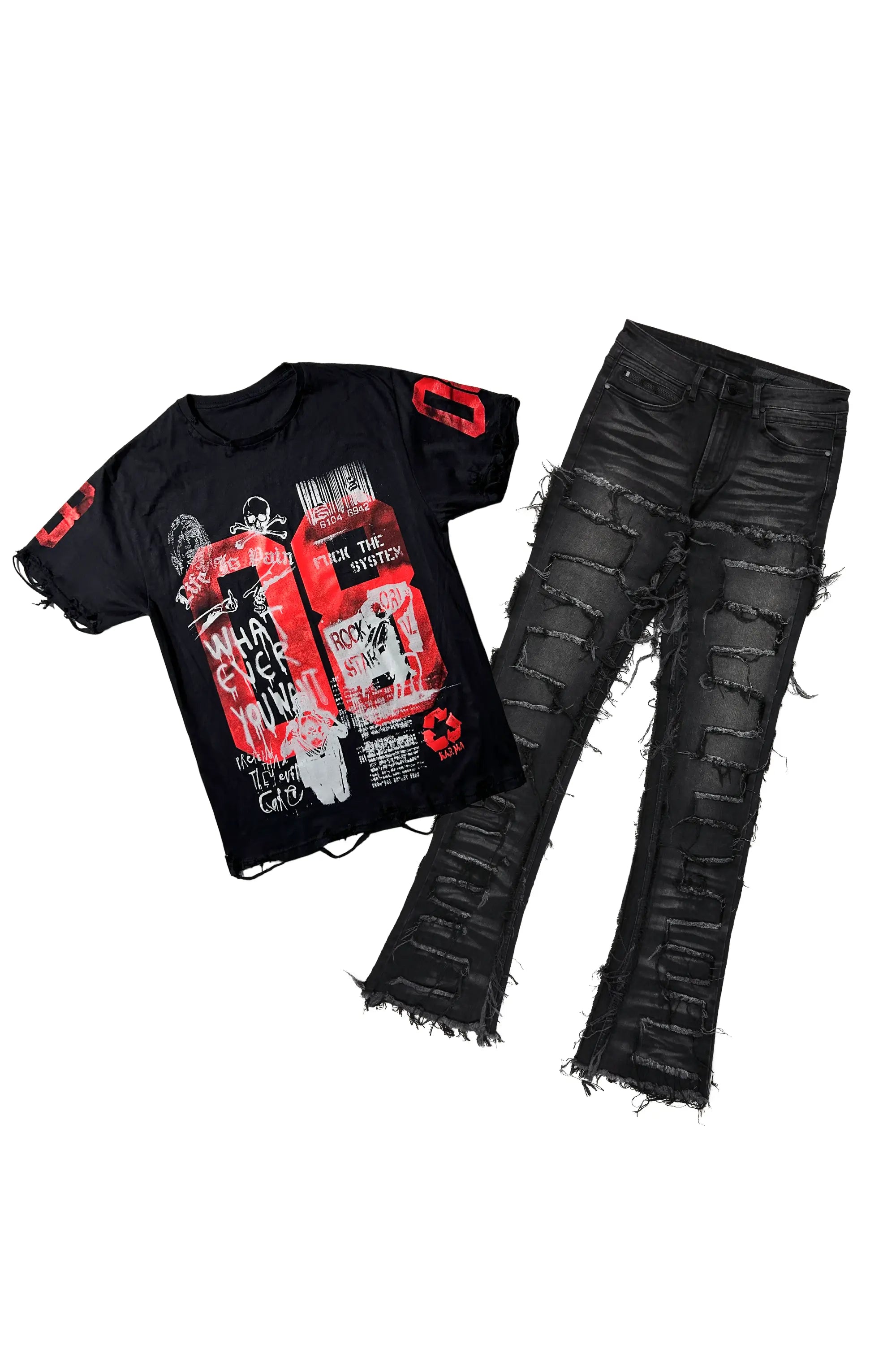 Grill Black Oversized T-Shirt & Shake Stacked Flare Jean Bundle