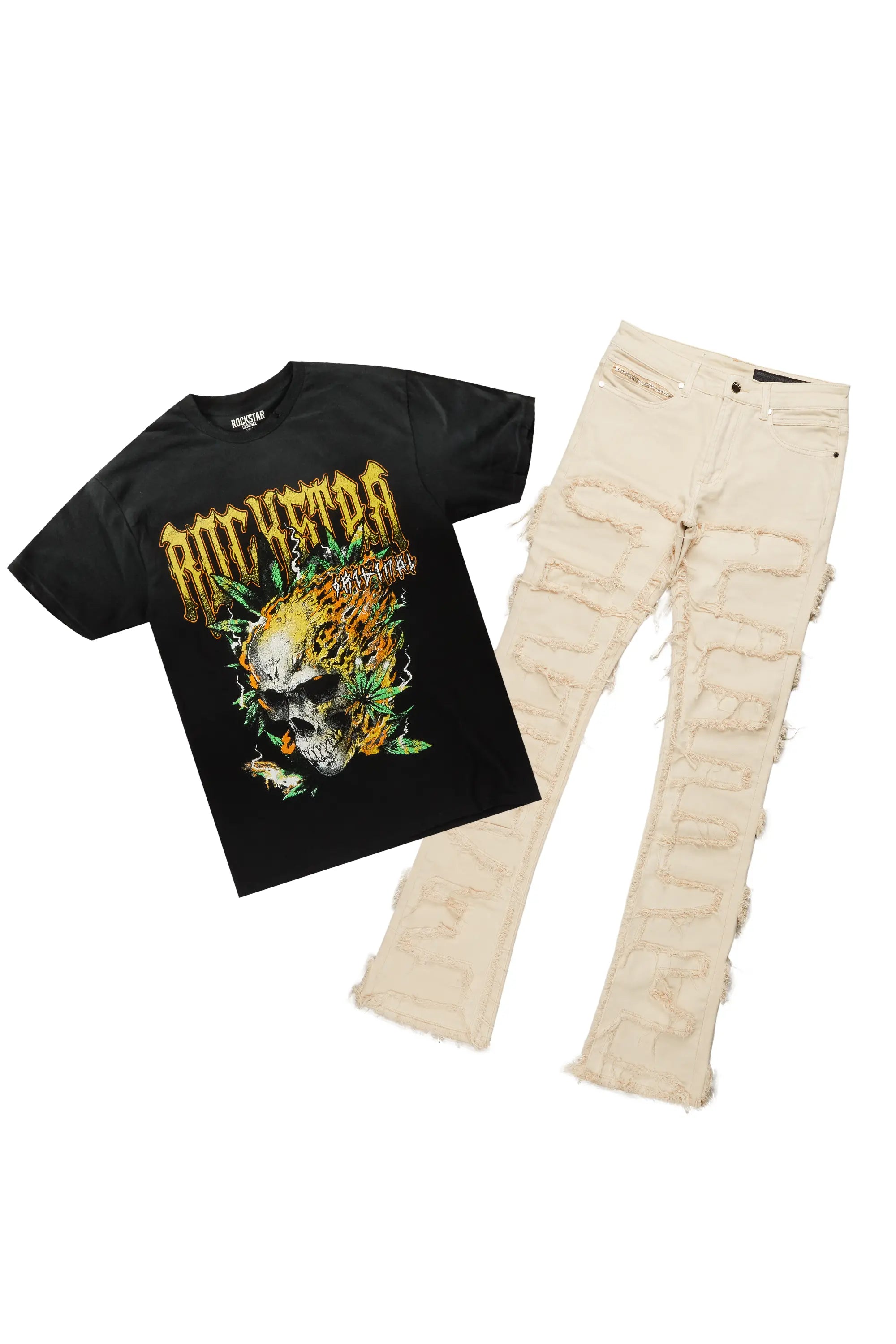 Manitol Black T-Shirt & Shake Beige Stacked Jean Bundle