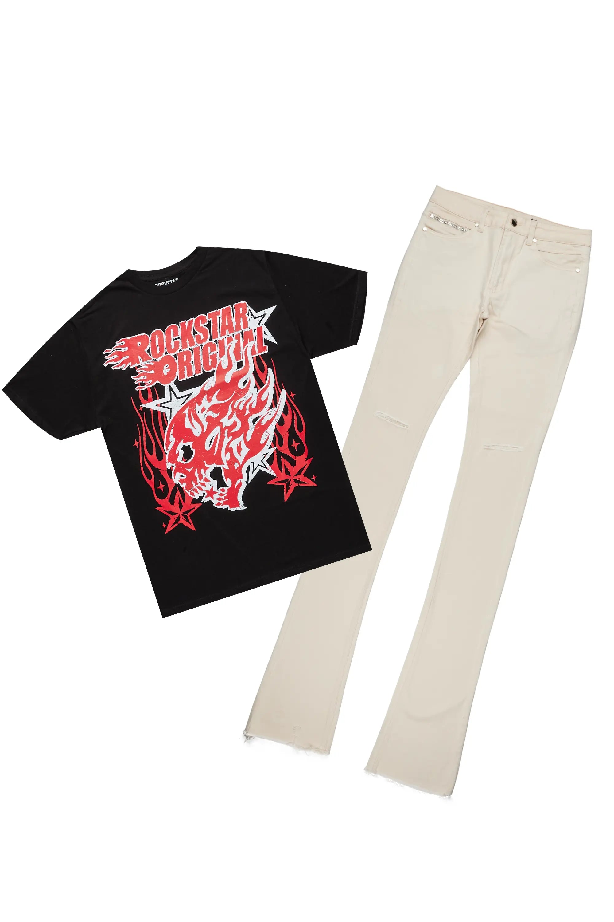 Smitty Black T-Shirt & Josiah Beige Super Stacked Flare Jean Bundle