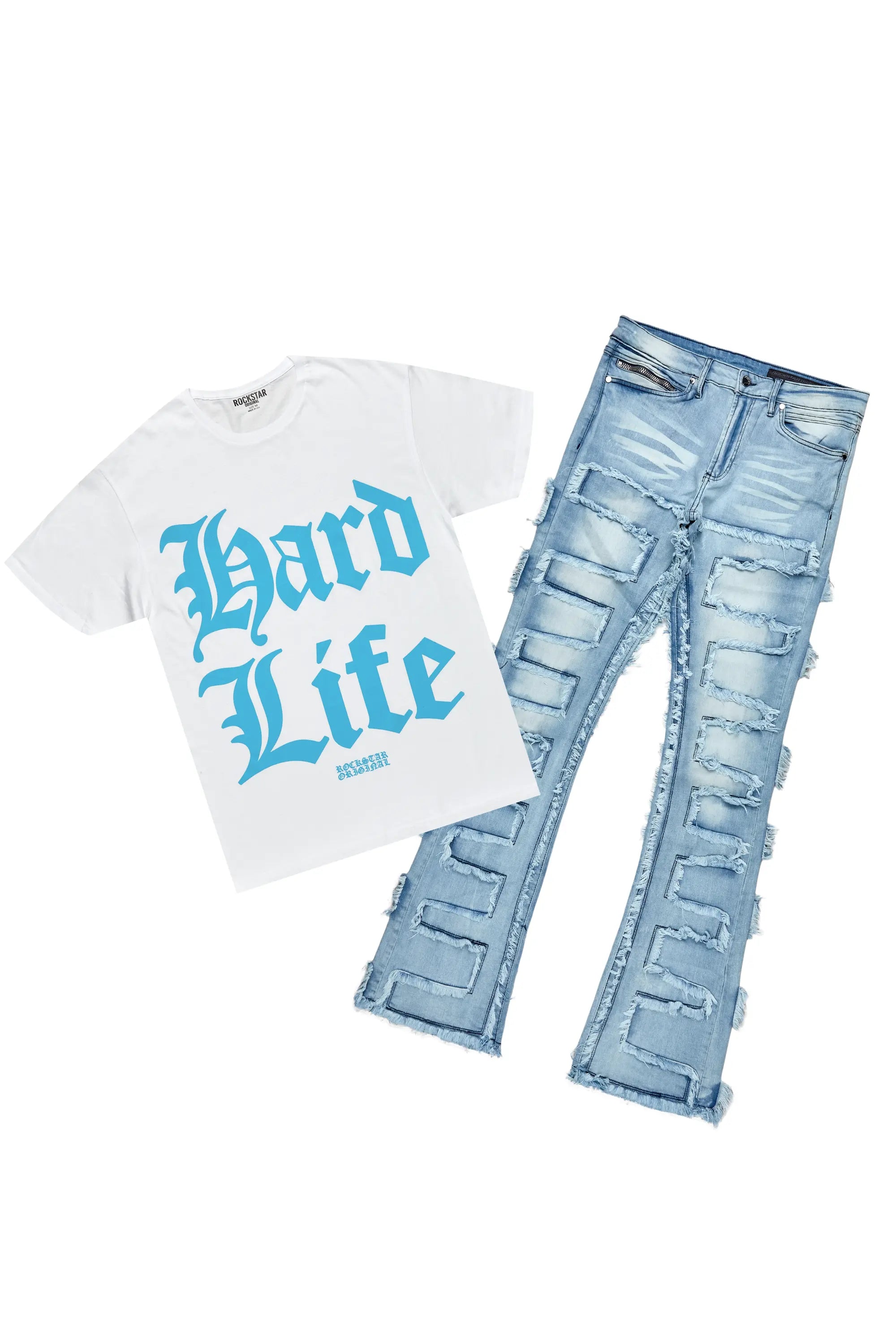 Hard Life White T-Shirt & Arne Blue Stacked Flare Jean Bundle