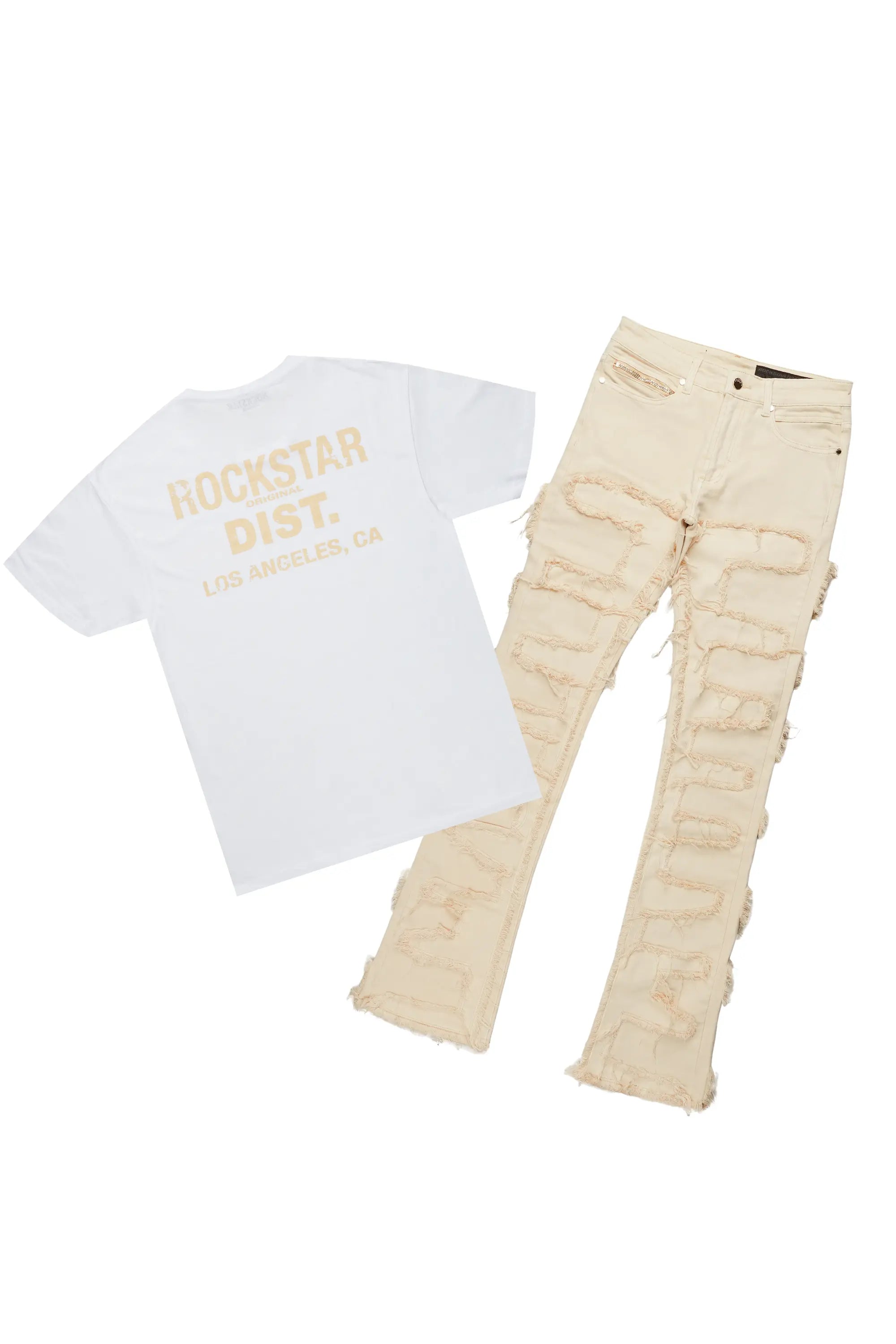 Lake White T-Shirt & Shake Beige Stacked Flare Jean Bundle