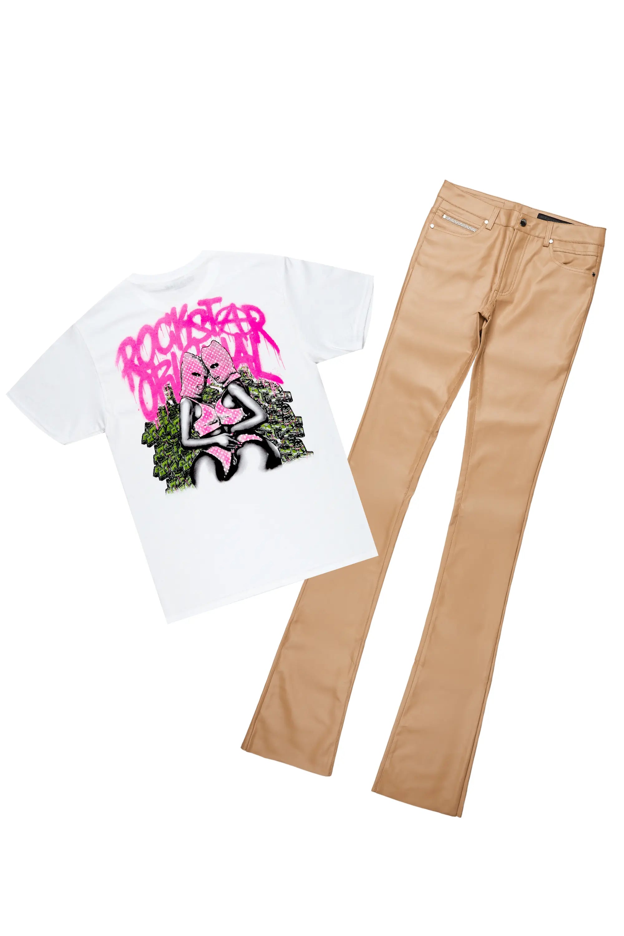 Badbich White T-Shirt & Ricky Tan Super Stacked Faux Leather Pant Bundle