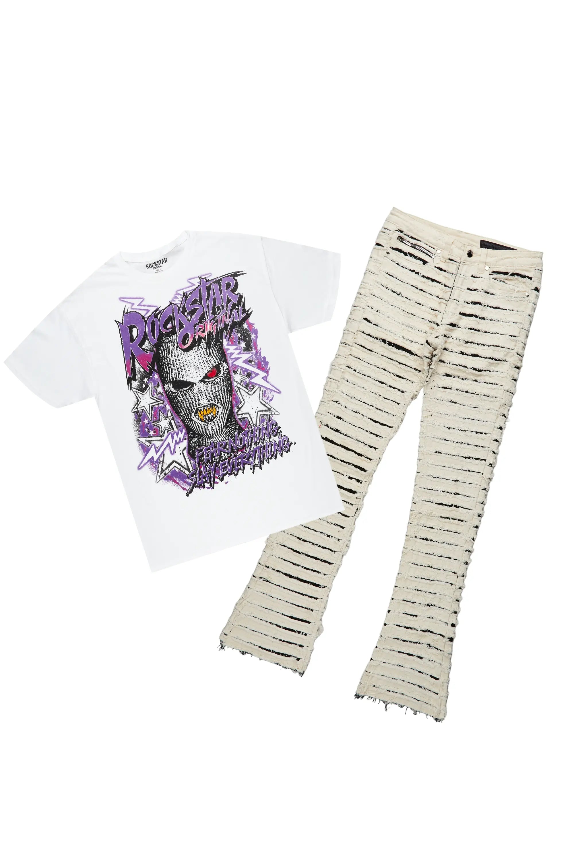 Kantin White T-Shirt & Korren Beige Stacked Flare Jean Bundle