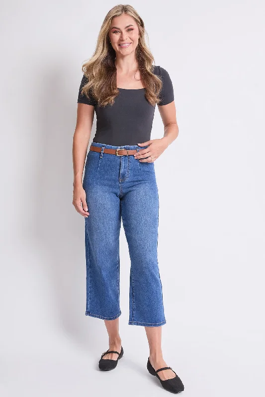 Women's High Rise Crop Belted Wide Leg Jeans