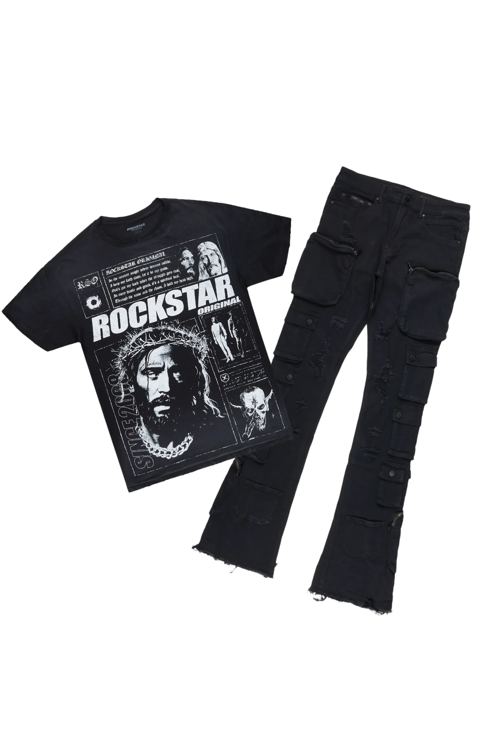 Raith Black T-Shirt & Konrad Stacked Cargo Flare Jean Bundle