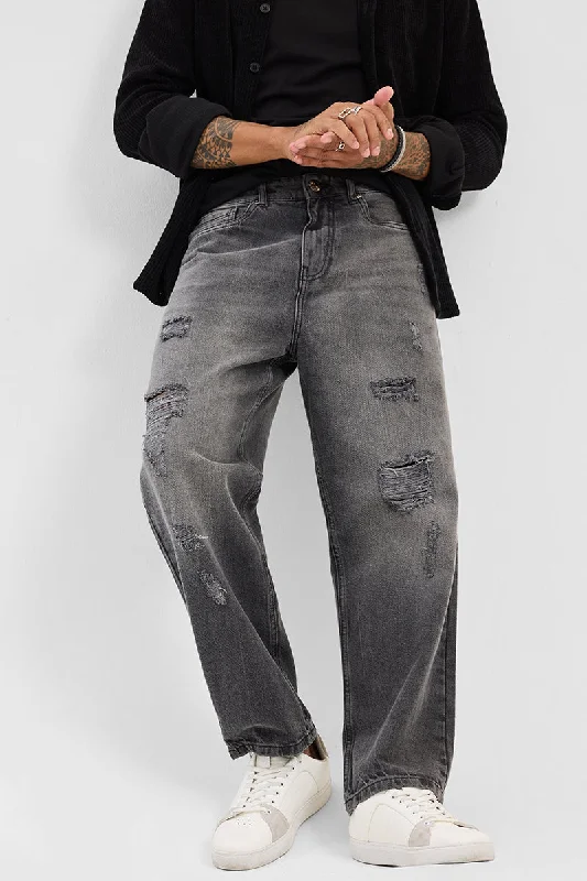 Grey Distressed Loose Fit Jeans