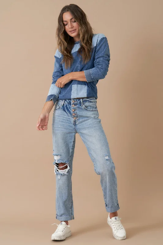 Rolled Up Boyfriend Distressed Vintage Wash Jeans