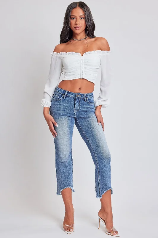 Women's Mid Rise Kick Flare Fray Hem Cropped Jeans