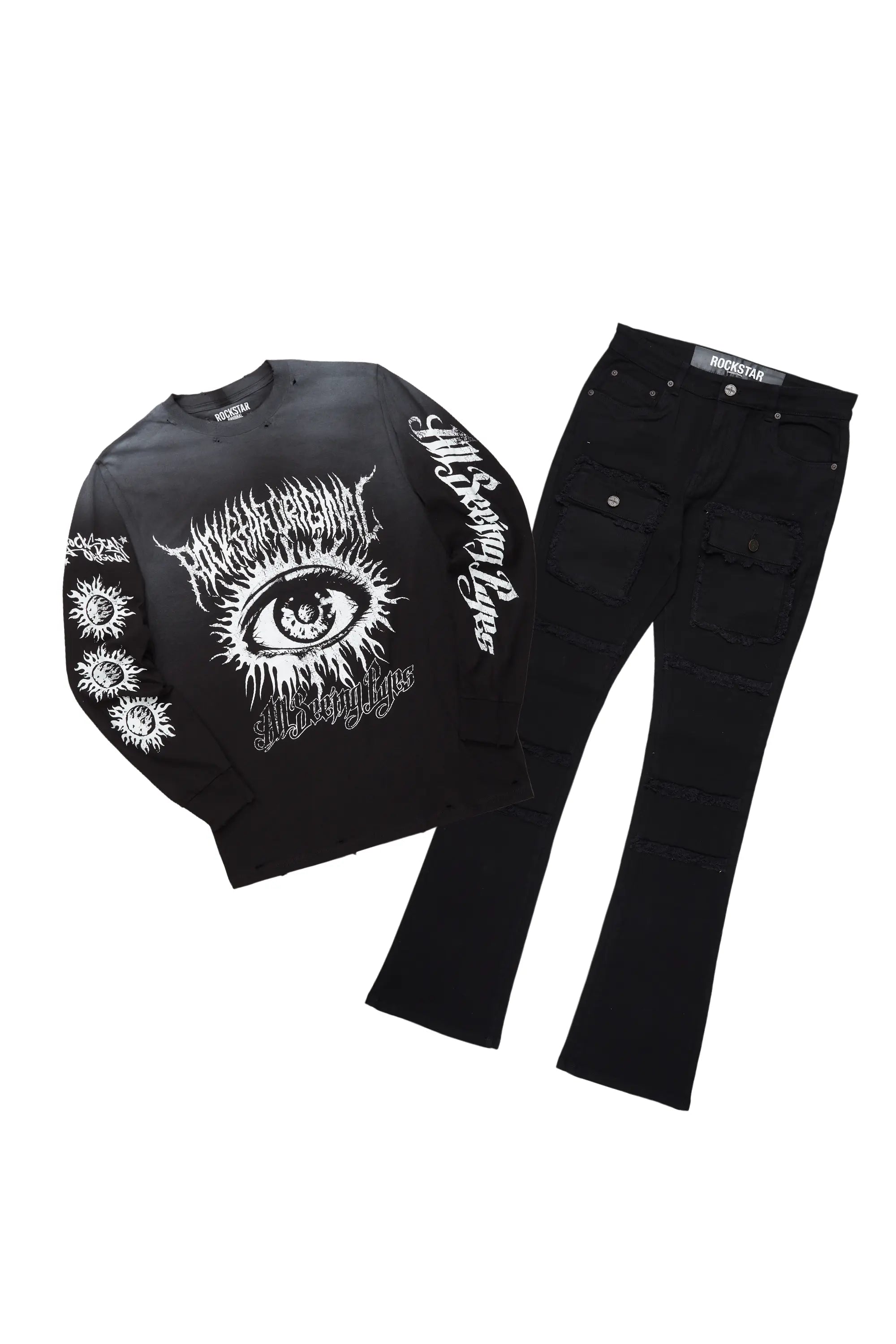 All Seeing Eyes Black Long Sleeve T-Shirt/Stacked Flare Cargo Jean Bundle