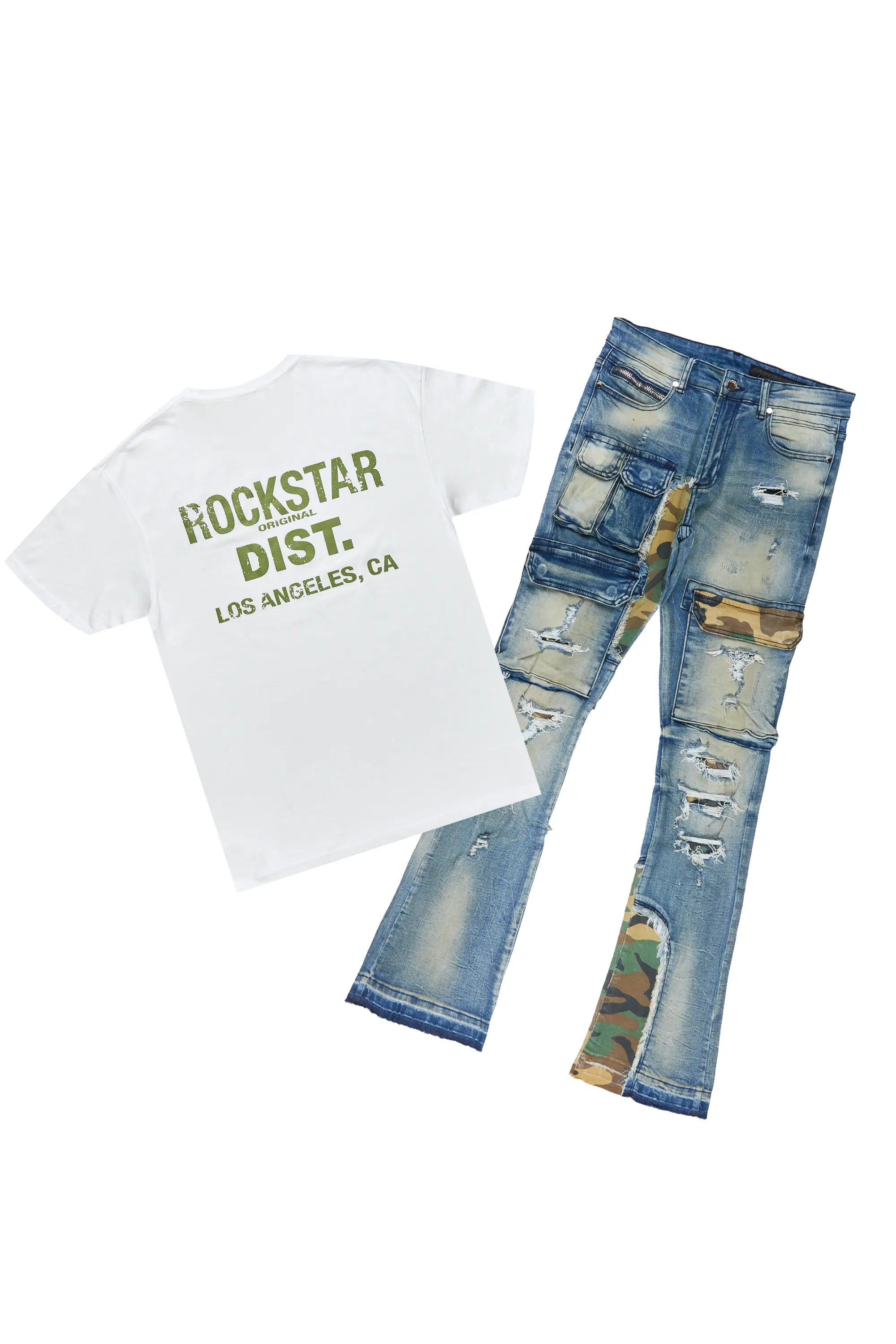 Lake White/Green T-Shirt & Zeta Stacked Flare Jean Bundle