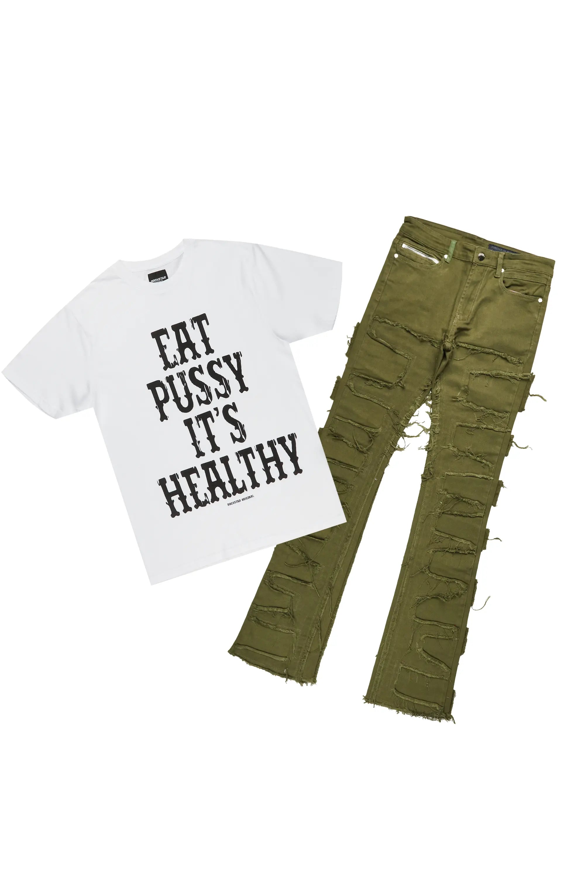 Posse White T-Shirt & Shake Green Stacked Jean Bundle