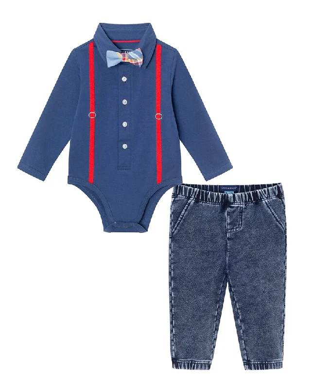 Andy & Evan Suspender Shirtzie & Terry Pant Set