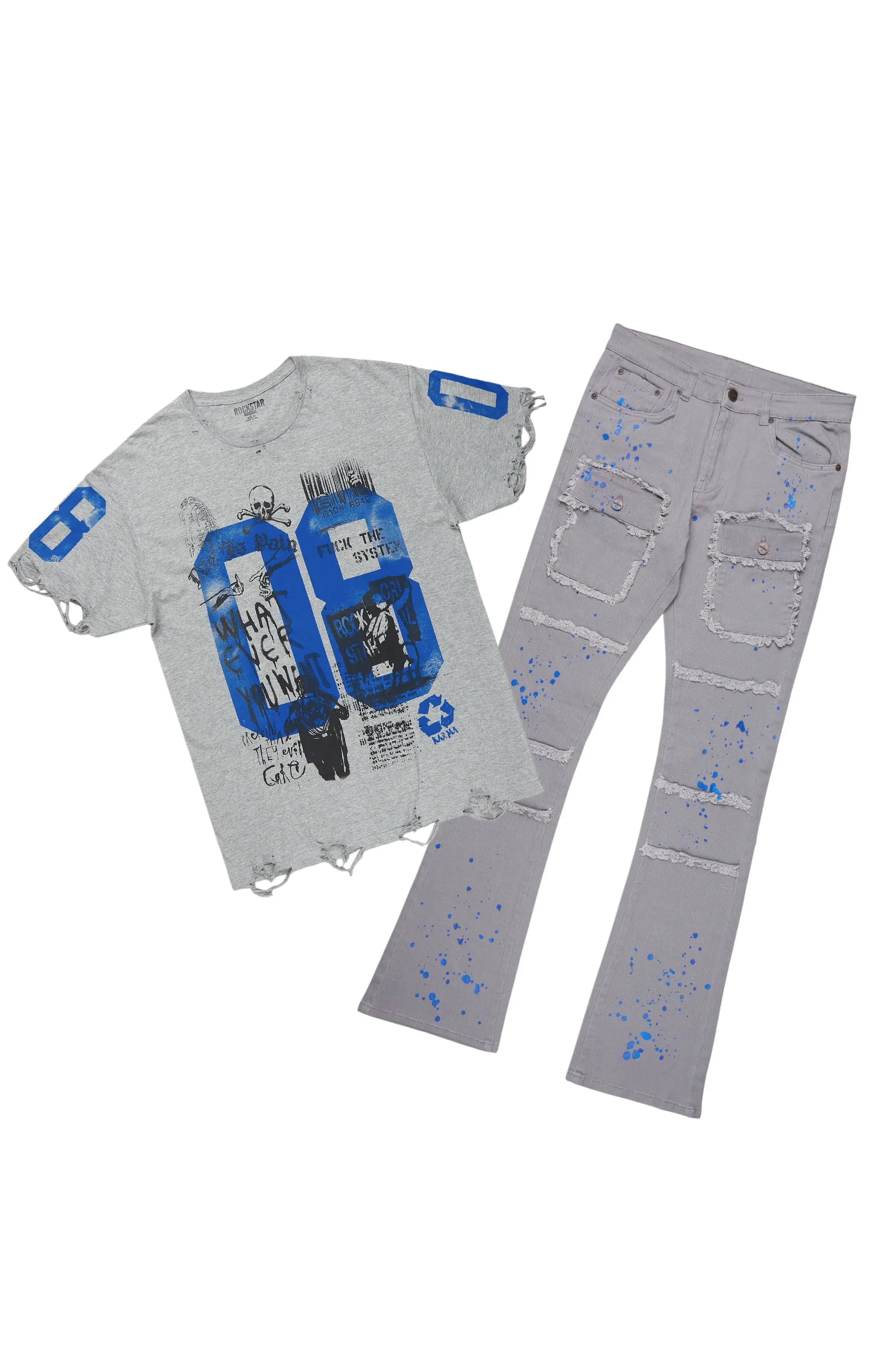 Grill Grey Oversize T-Shirt/Stacked Flare Cargo Jean Bundle