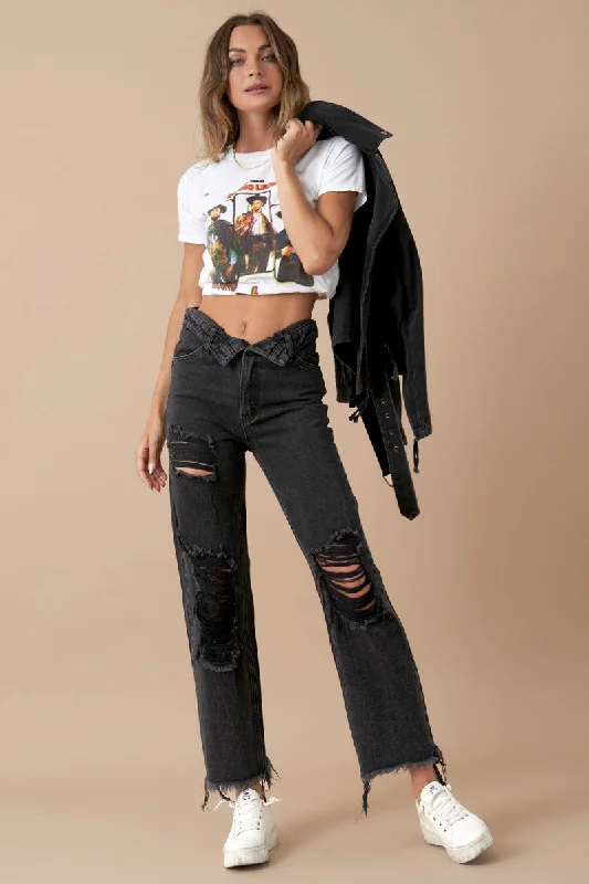 Flipped Waistband Straight Distressed Jeans