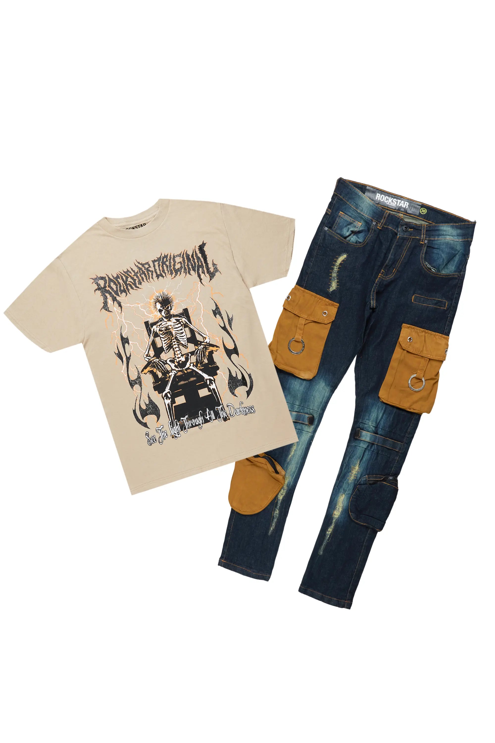 Deathrown Beige T-Shirt Slim Fit Cargo Jean Bundle