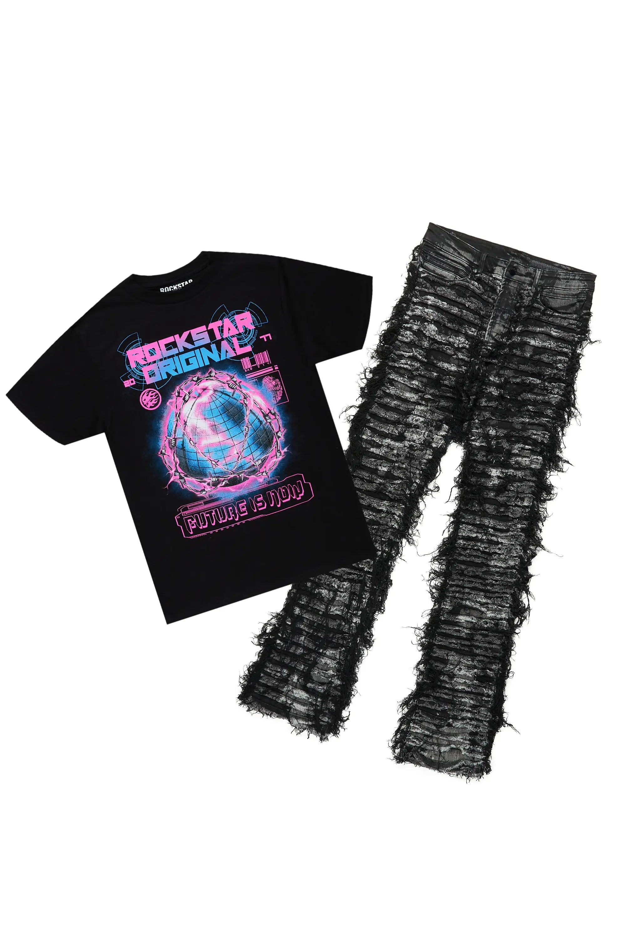 Digital Black T-Shirt & Bossko Stacked Flare Jean Bundle