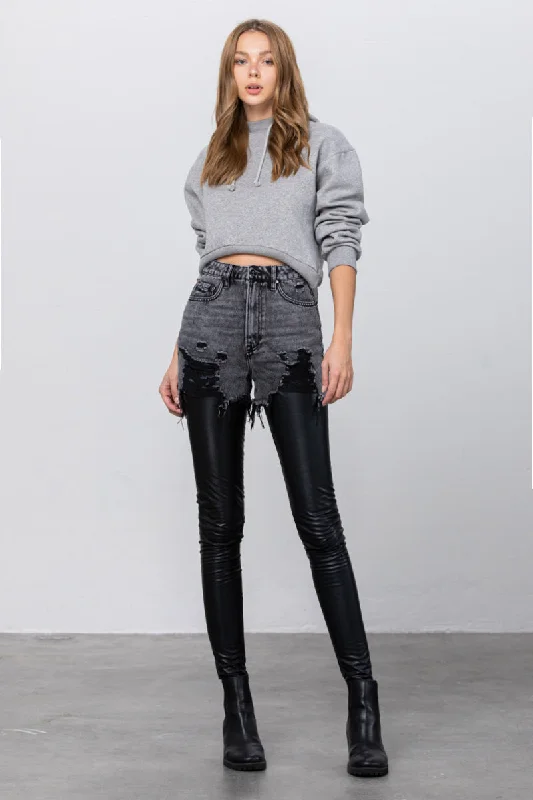 Distressed Love PU Leather Combo Denim Pants