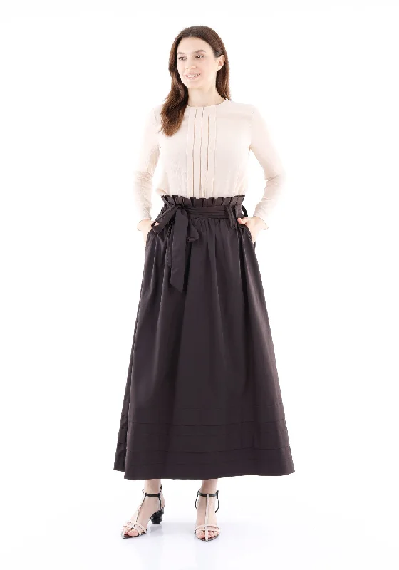 Brown Paper Bag Flared A-Line Maxi Skirt With Pockets And Belt