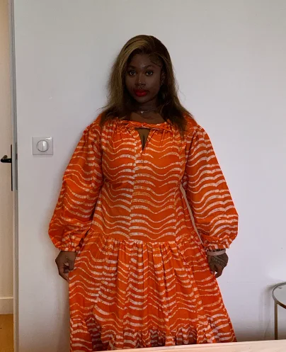 Oya Abeo Orange Full length Tiered Dress with wavy print