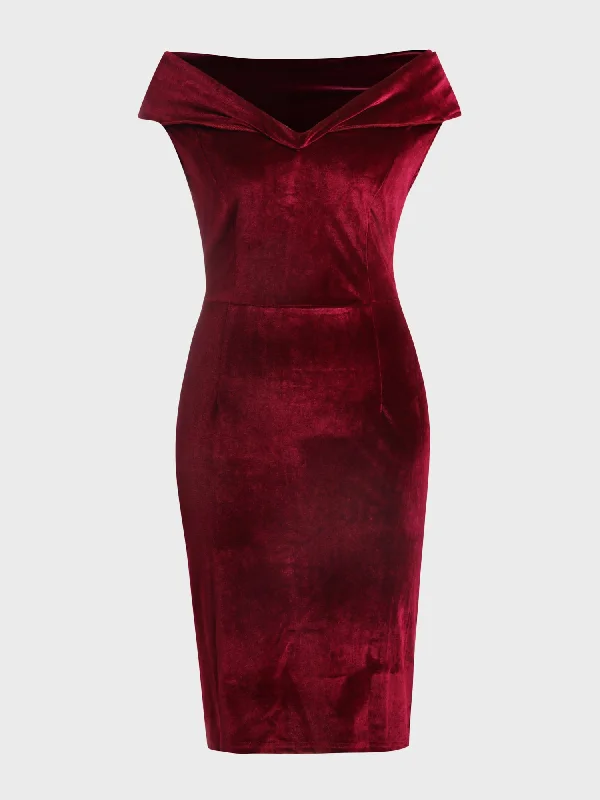 Gold Velvet Off-Shoulder Midi Dress (Red)