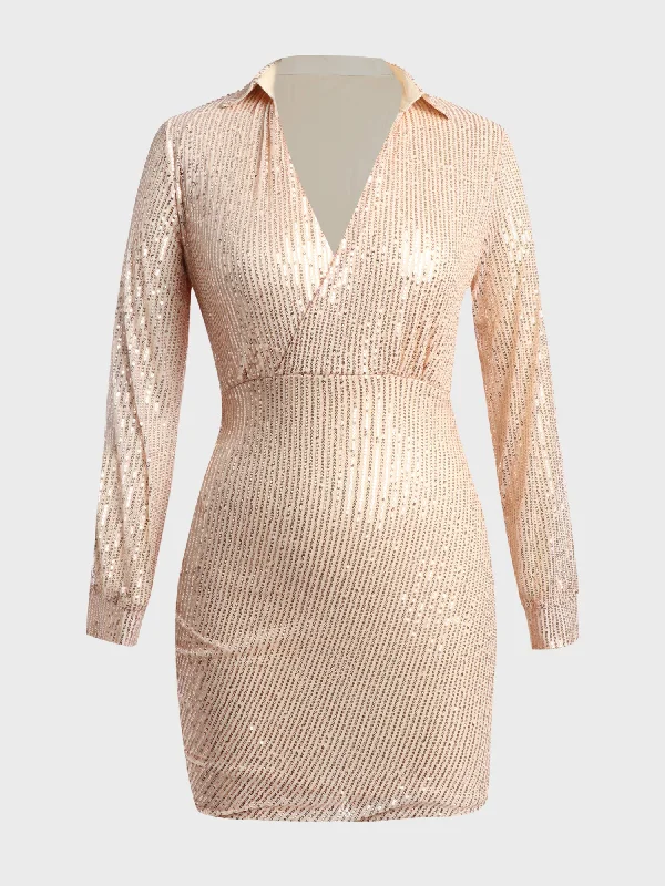 Deep V-Neck Long Sleeve Sequined Mini Dress (Gold)