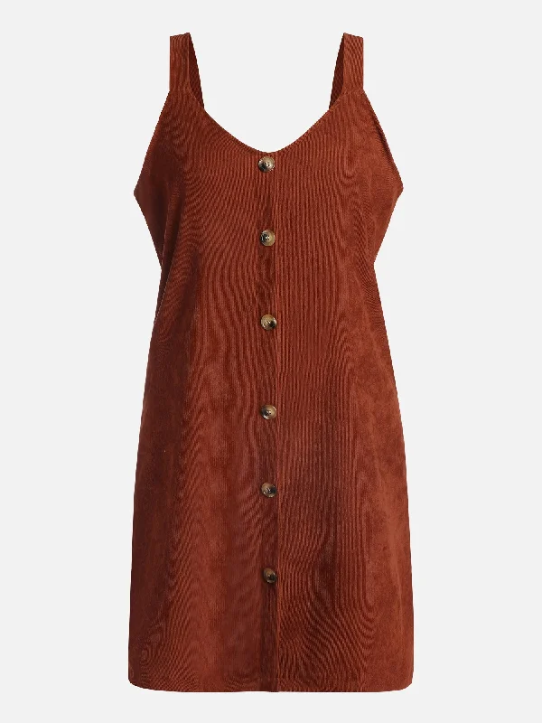 Corduroy V-Neck Buttondown Suspender Dress