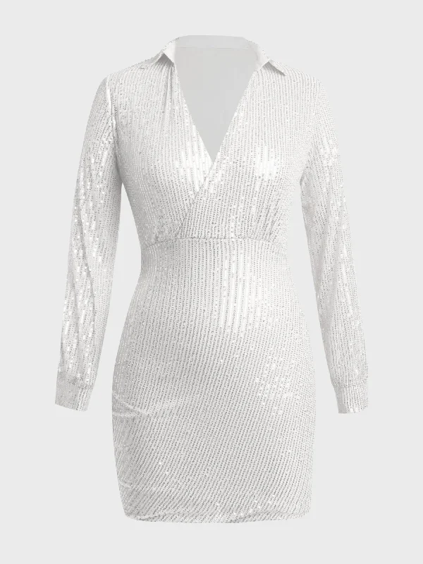 Deep V-Neck Long Sleeve Sequined Mini Dress (White)