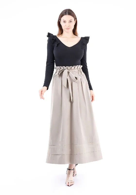 Camel Paper Bag Flared A-Line Maxi Skirt with Pockets and Belt