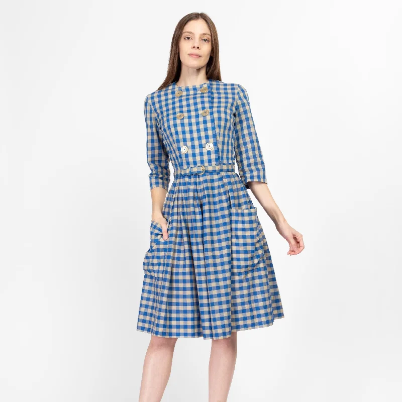 XS 1950s Blue Gingham Belted Fit & Flare Day Dress