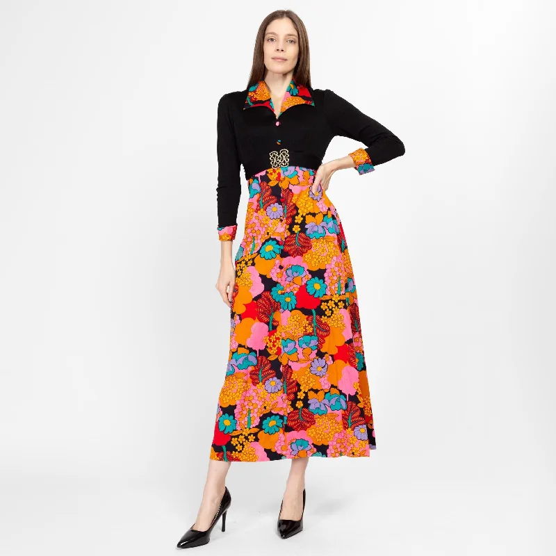 Small 70s Psychedelic Black & Pink Floral Maxi Dress