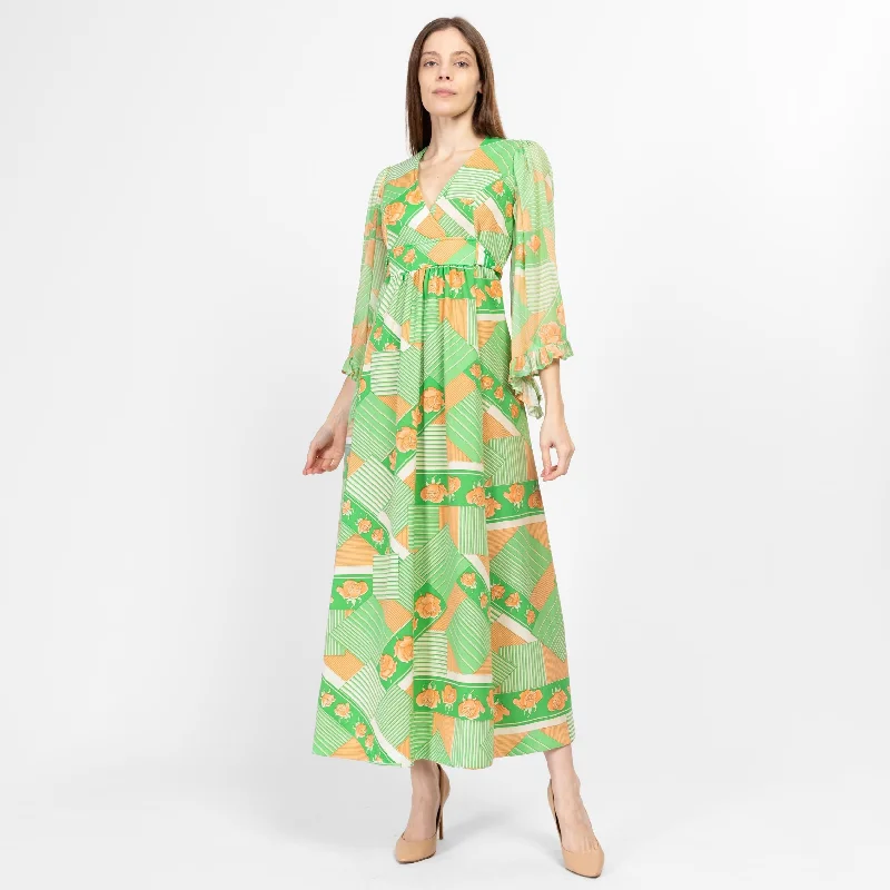 Small 70s Boho Green Floral Angel Sleeve Maxi Dress