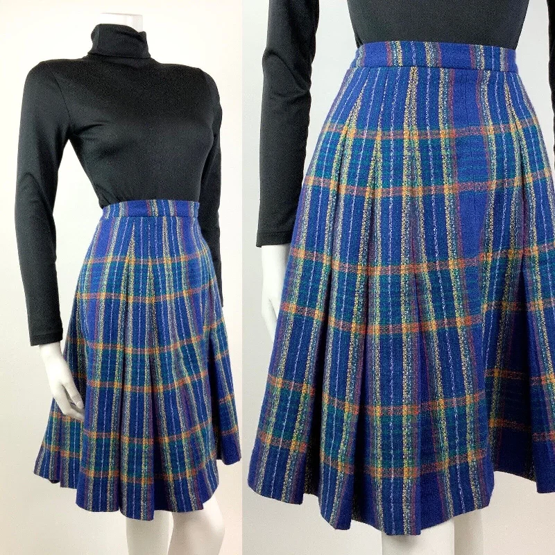 VINTAGE 60s 70s BLUE YELLOW RED PLAID CHECKED MOD KNEE-LENGTH PLEATED SKIRT 8 10