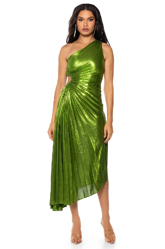 ELEVATE ME PLEATED CUT OUT METALLIC MIDI DRESS