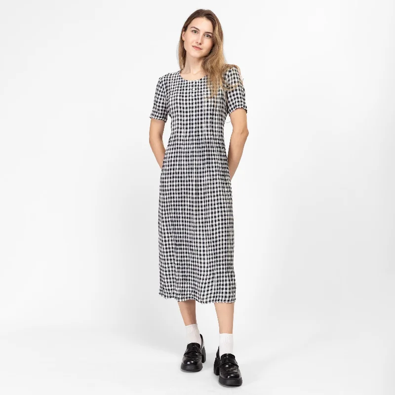 XS 90s Black & White Gingham Tie Back Midi Dress