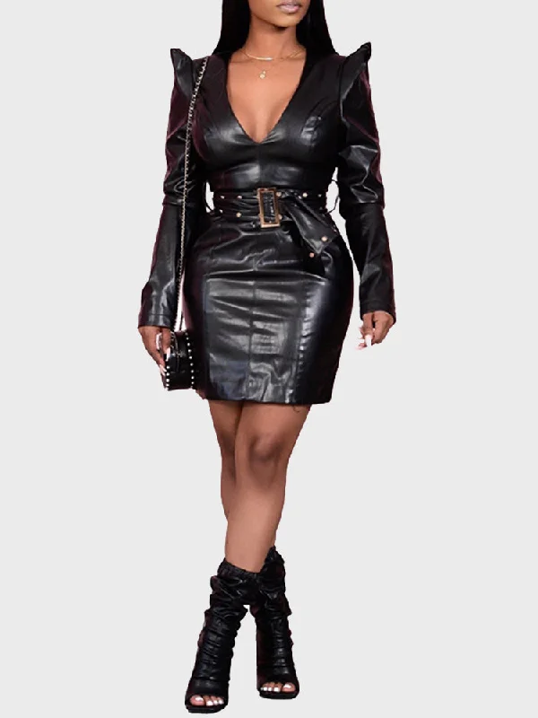 Flying Sleeves V-Neck Leather Dress