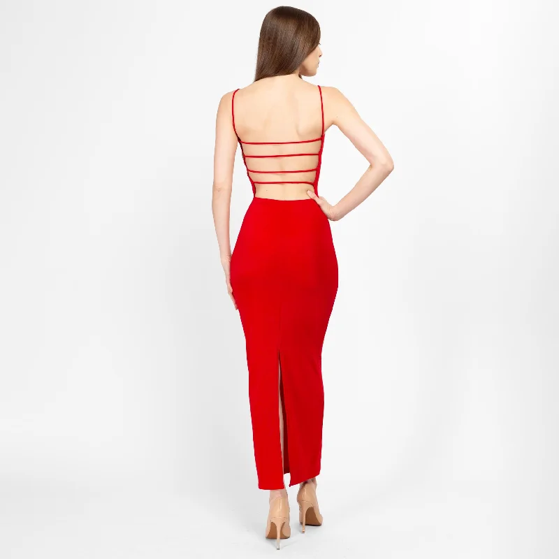 XS 90s Red Ribcage Backless Bodycon Maxi Dress